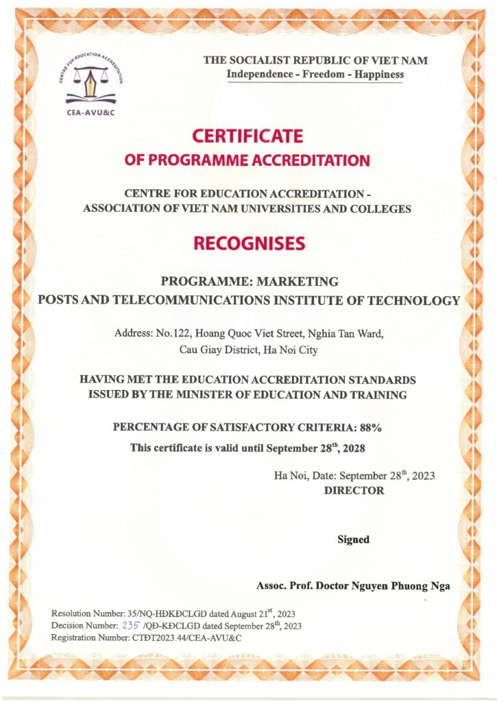 Certificate of Programme Accreditation for the Marketing undergraduate programme at the Posts and Telecommunications Institute of Technology, 88% of criteria satisfied